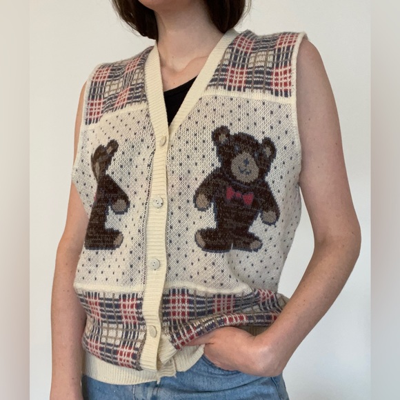90’s vintage teddy bear knit sweater vest/ large - Picture 5 of 13